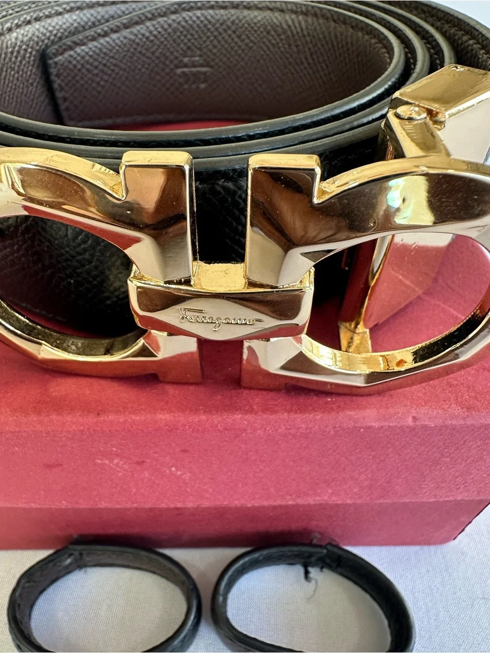 Salvatore Ferragamo Reversible Black/Brown Leather Belt Gold Gancini Buckle Sz44
